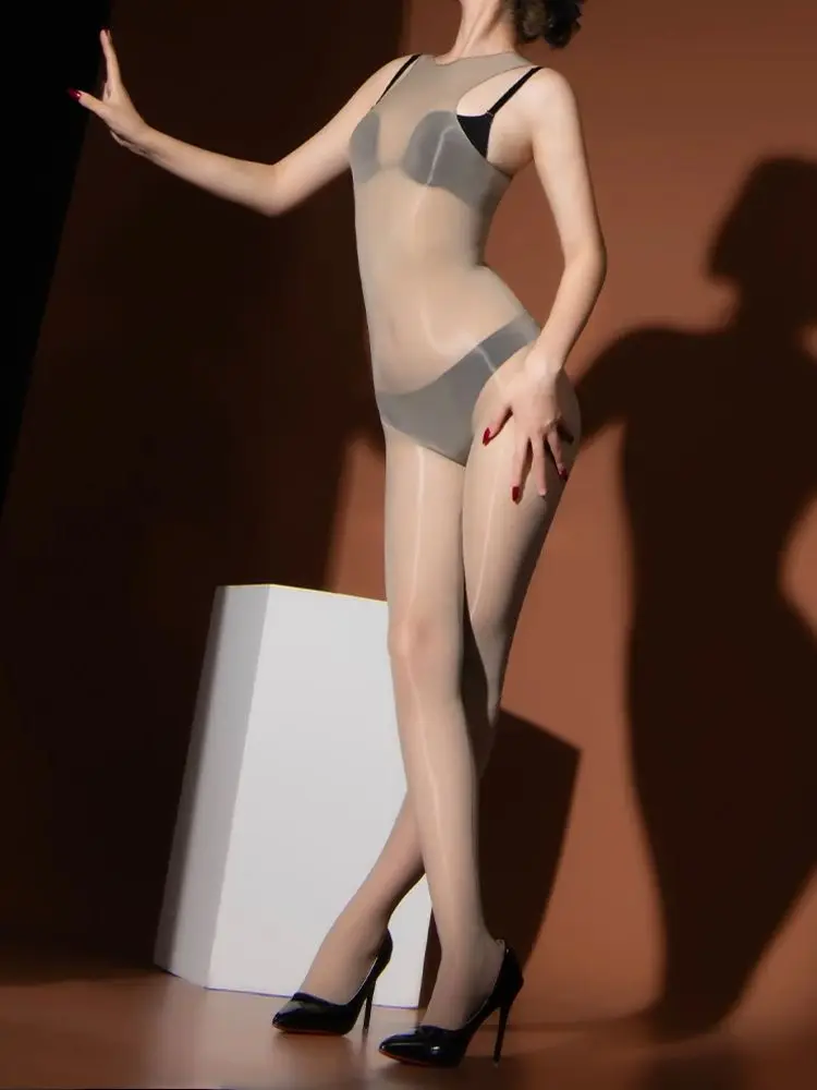 لامعة لامعة أكمام النايلون Catsuit سلس التمثال إغلاق مفتوح المنشعب ارتداءها الجوارب مثير يوتار الملتصقة الملابس الداخلية Unitard