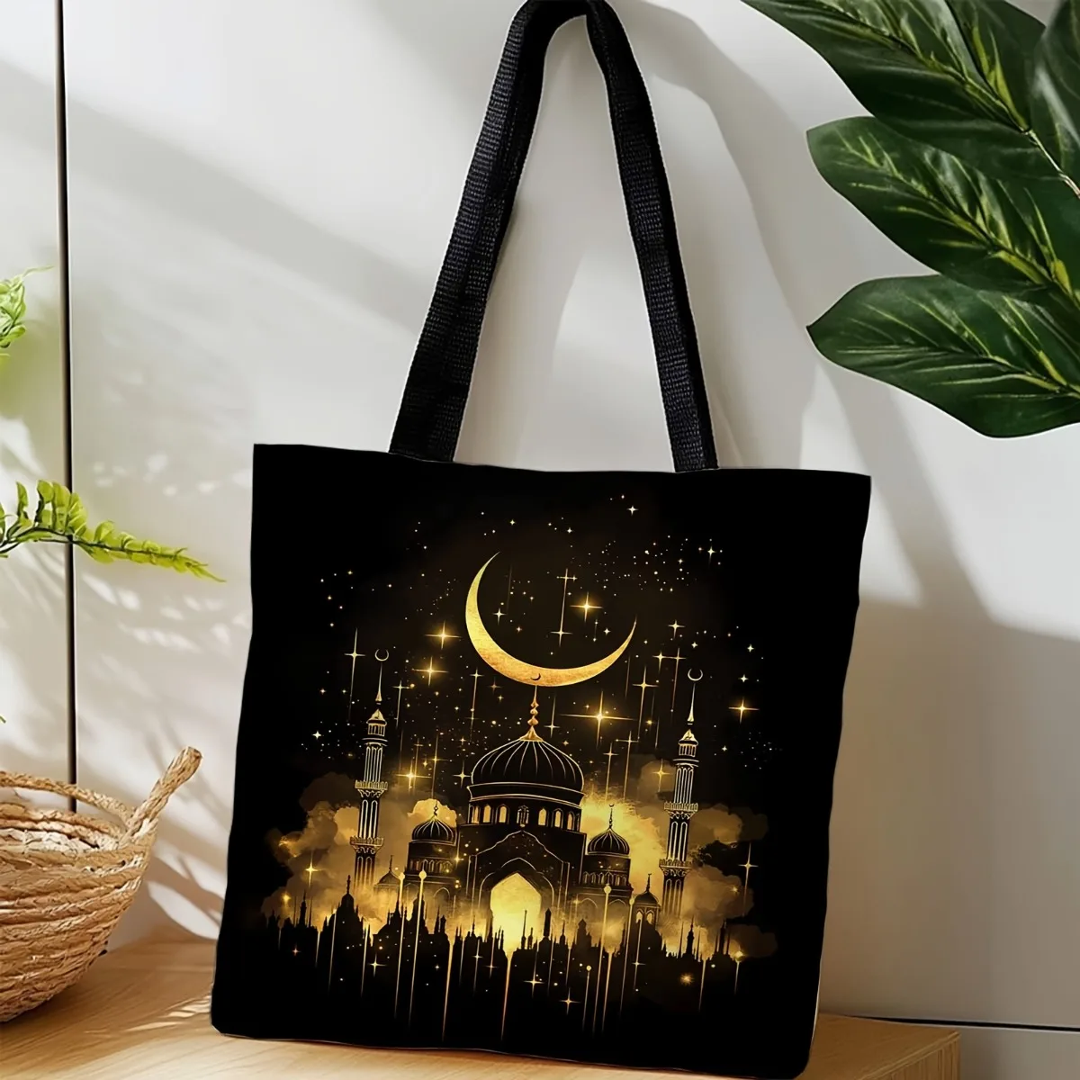 

Islamic Architecture Tote Bag with Islamic Mosque & Islamic Art Design - Golden Crescent Moon & Starry Night Pattern