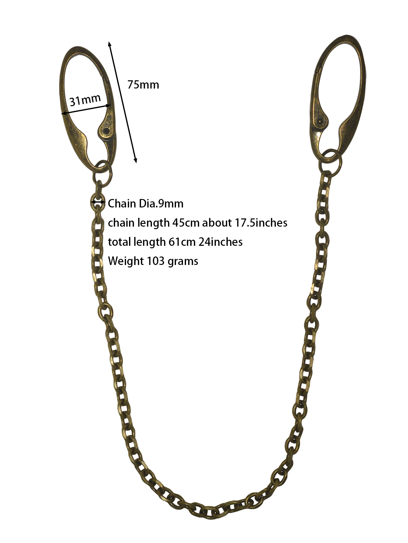 24 in long pants trucker biker jean 9mm carved oval anchor link chain dual  large spring carabiner keychain bronze - view 6