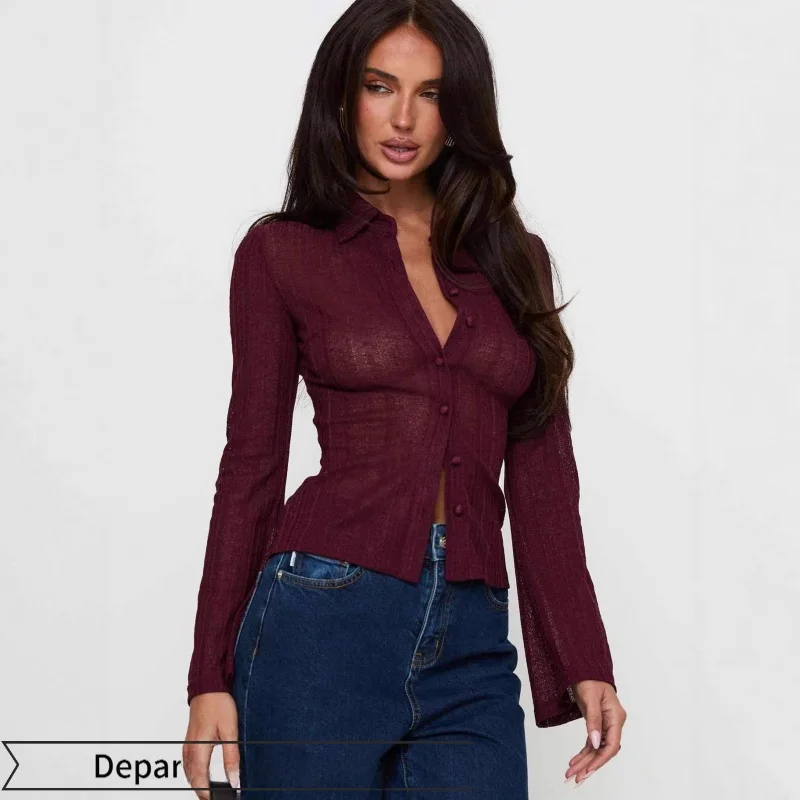 

Faionable Long Sve Me Blouse for Women Translucent Sexy Button up irt Polyester Fiber Slim Fit European Sle ...