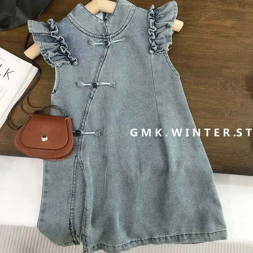 

Girls Skirt 2025 Summer New Children's Clothing Girls Baby Chinese Style Plate Buckle Cheongsam Cowboy Skirt Casual Simple