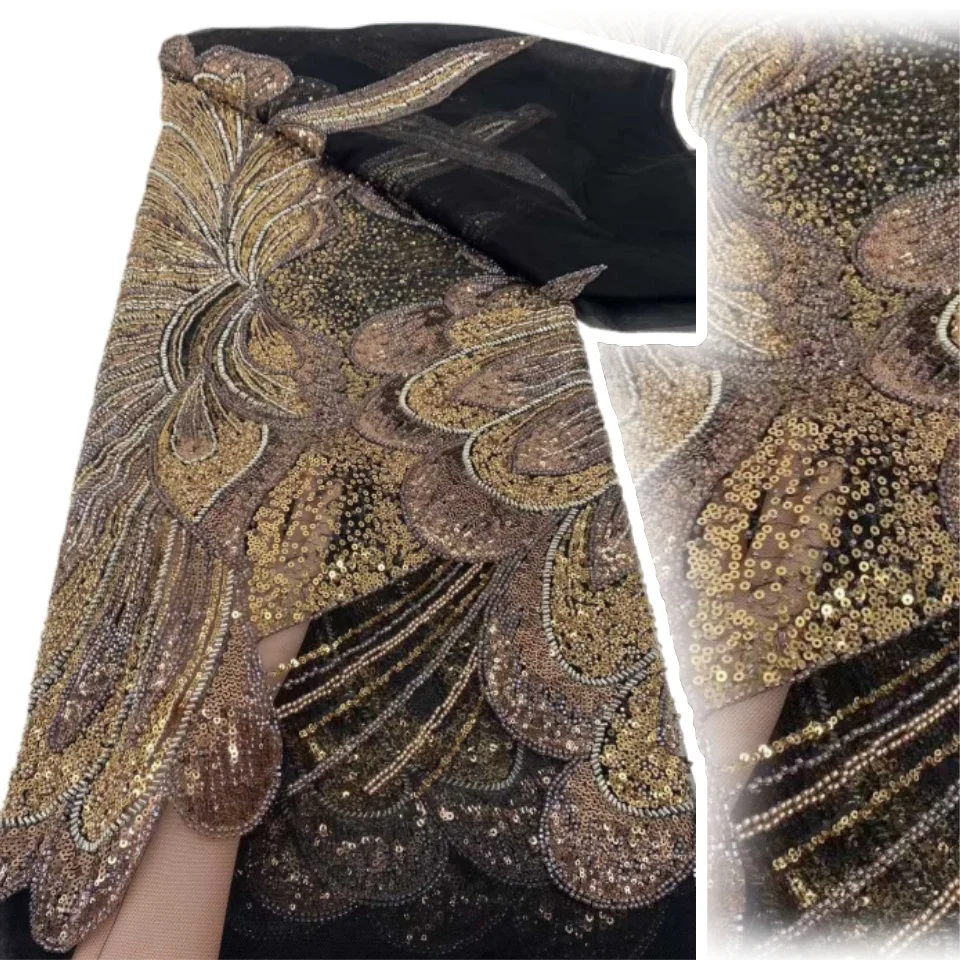 

Luxury African Handmade Beaded Lace Fabric French Nigerian Sequins Tulle Groom Embroidery Lace Fabric Wedding Evening Gowns 1304