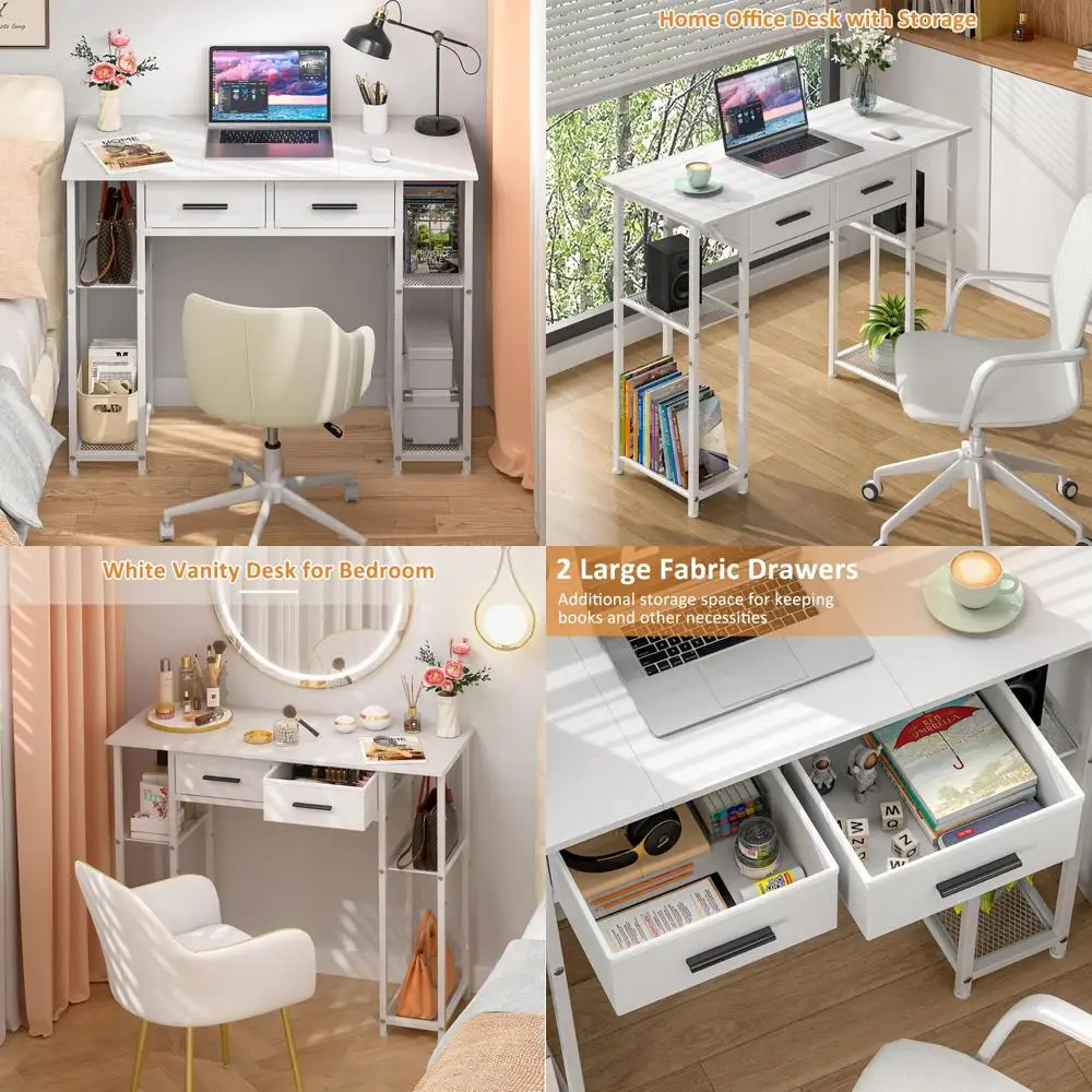 

Compact Kids Study Desk with Storage, 37.3 Inch White Computer Desk for Small Spaces, Home Office Work Table with Drawers and Sh