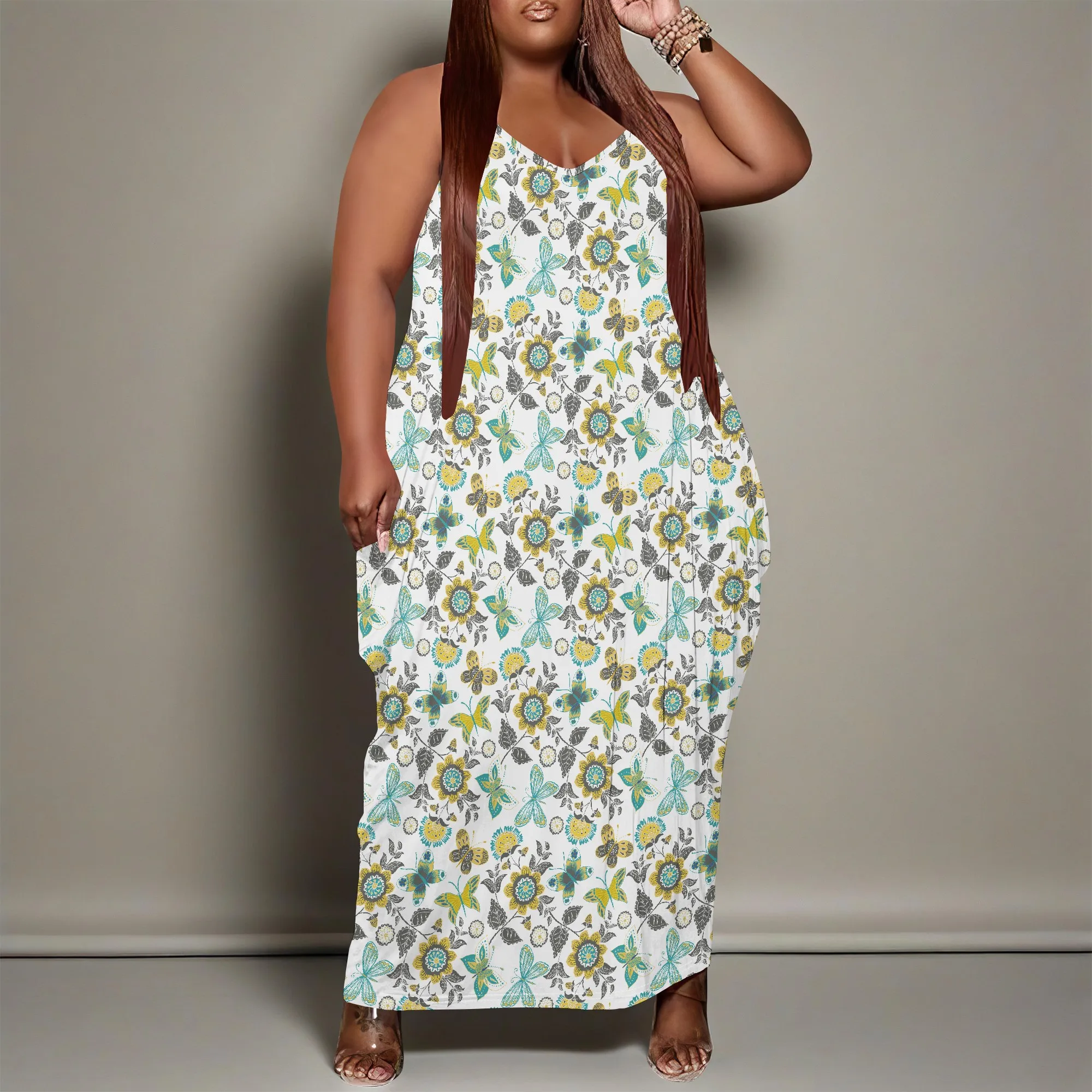 Women's Plus Size Dress Loose Halter Maxi Dress with Pocket Stretchy Y2K Butterfly Print XL-6XL​