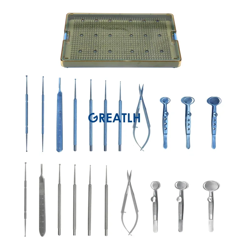 Eyelid Chalazion Curette Set Blade Handle with Sterilising Trays Eye Surgical Tools Titanium Alloy/Stainless Steel