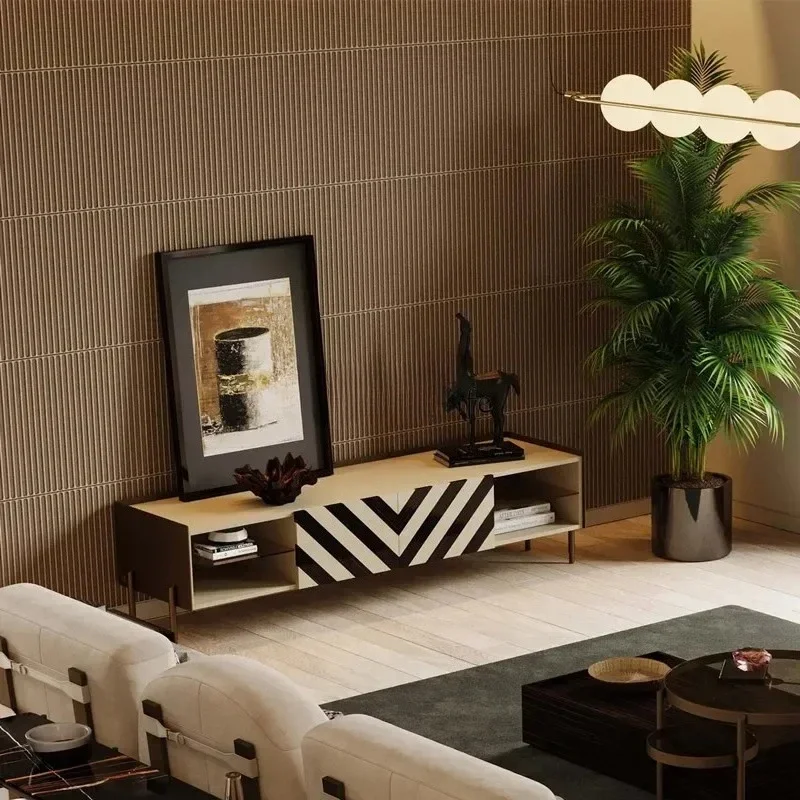 A  light luxury living room TV cabinet zebra color matching paint locker