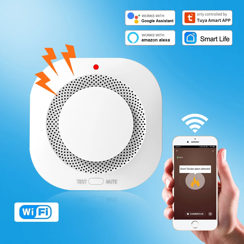 Alarm asap WiFi Tuya dan aplikasi kehidupan pintar, kontrol jarak jauh detektor asap Sensor keamanan rumah sistem Alarm suara api pintar