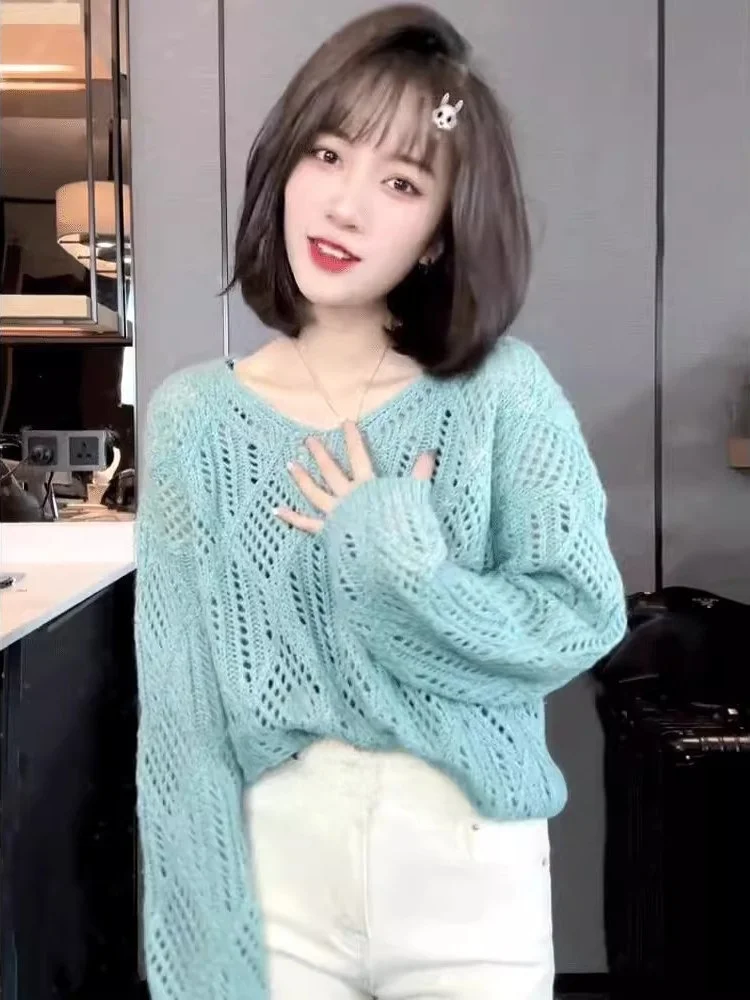 Spring Autumn Thin Long Sleeve V-Neck Hollow out Knitted Sweater Women Early Autumn Loose Slimming Lazy Style Long Sleeve Top...