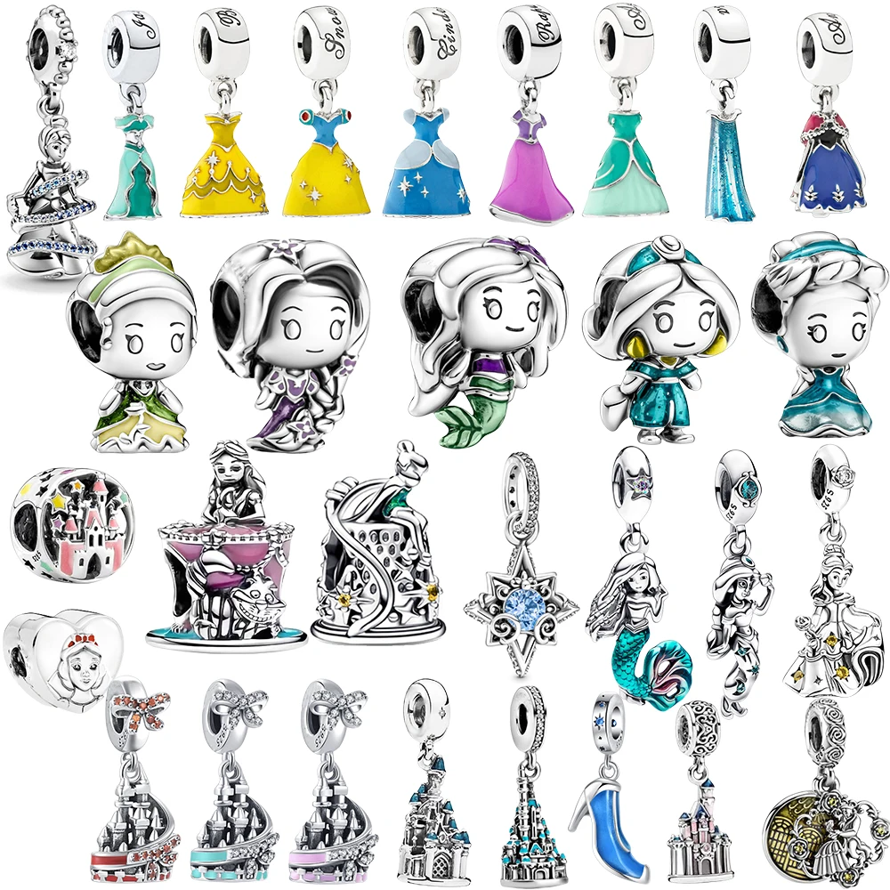 2024 Hot Sale 925 Silver Mermaid Princess Dress Charms DIY Dangle Beads Fit Original Pendant Bracelet Necklace Fashion Jewelry