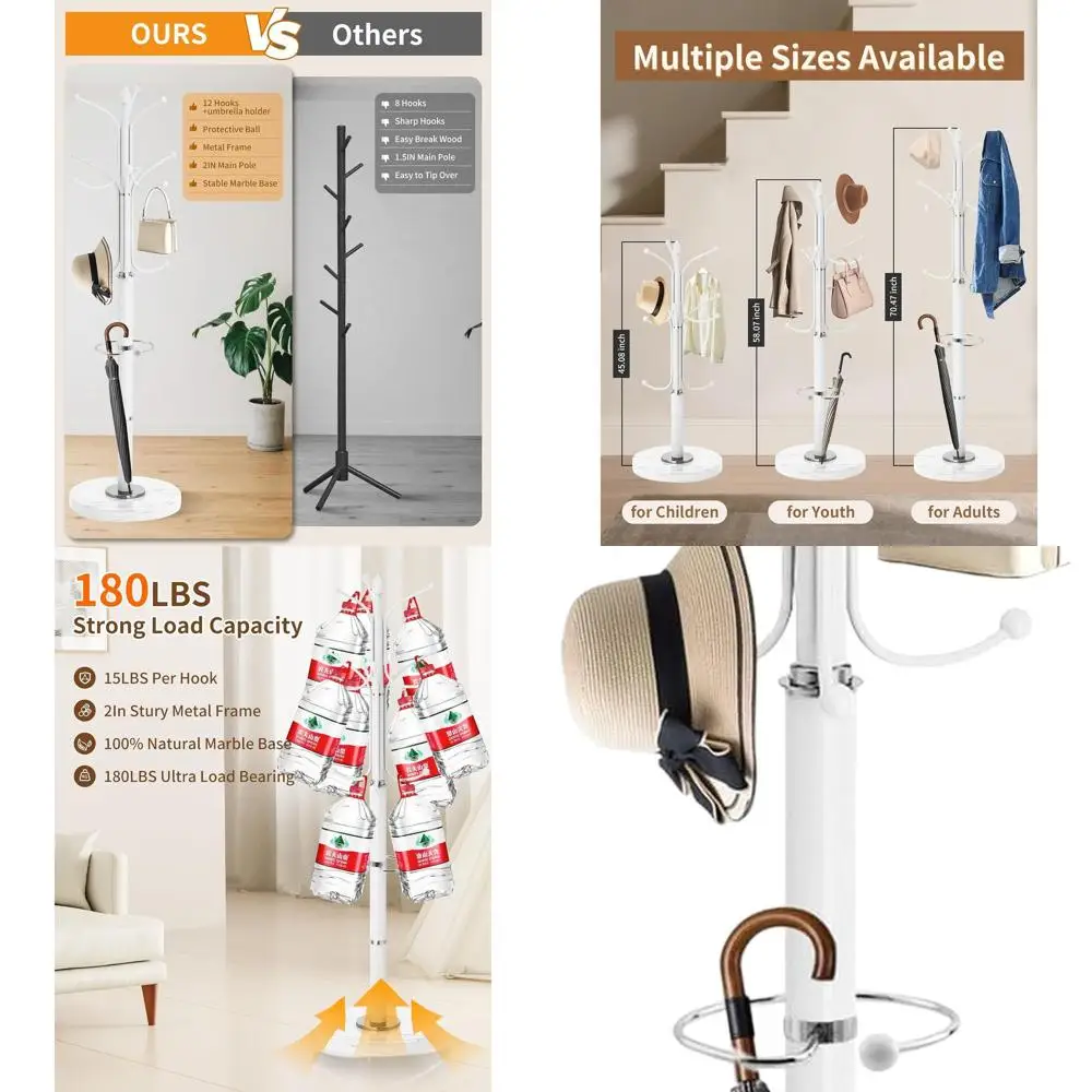 

Freestanding Metal Coat Rack with Marble Base, 12-Hook Umbrella Holder for Home and Office