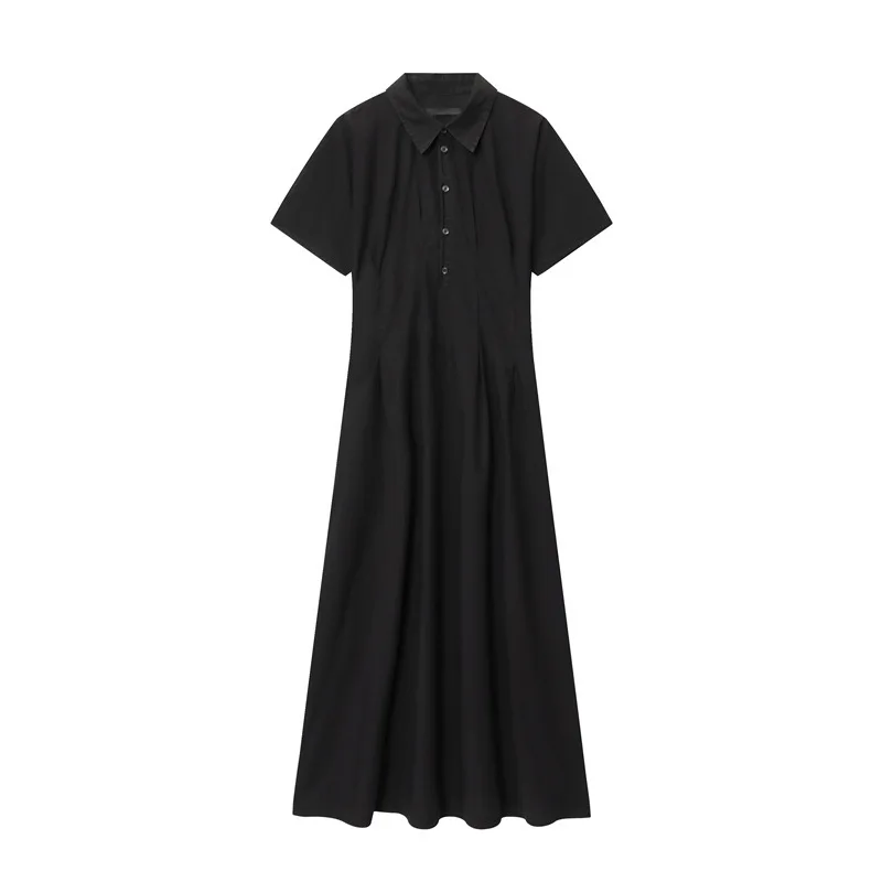 

Half-open POLO collar slim waist A-line skirt high quality summer drape effect black cotton commuter women's long dress