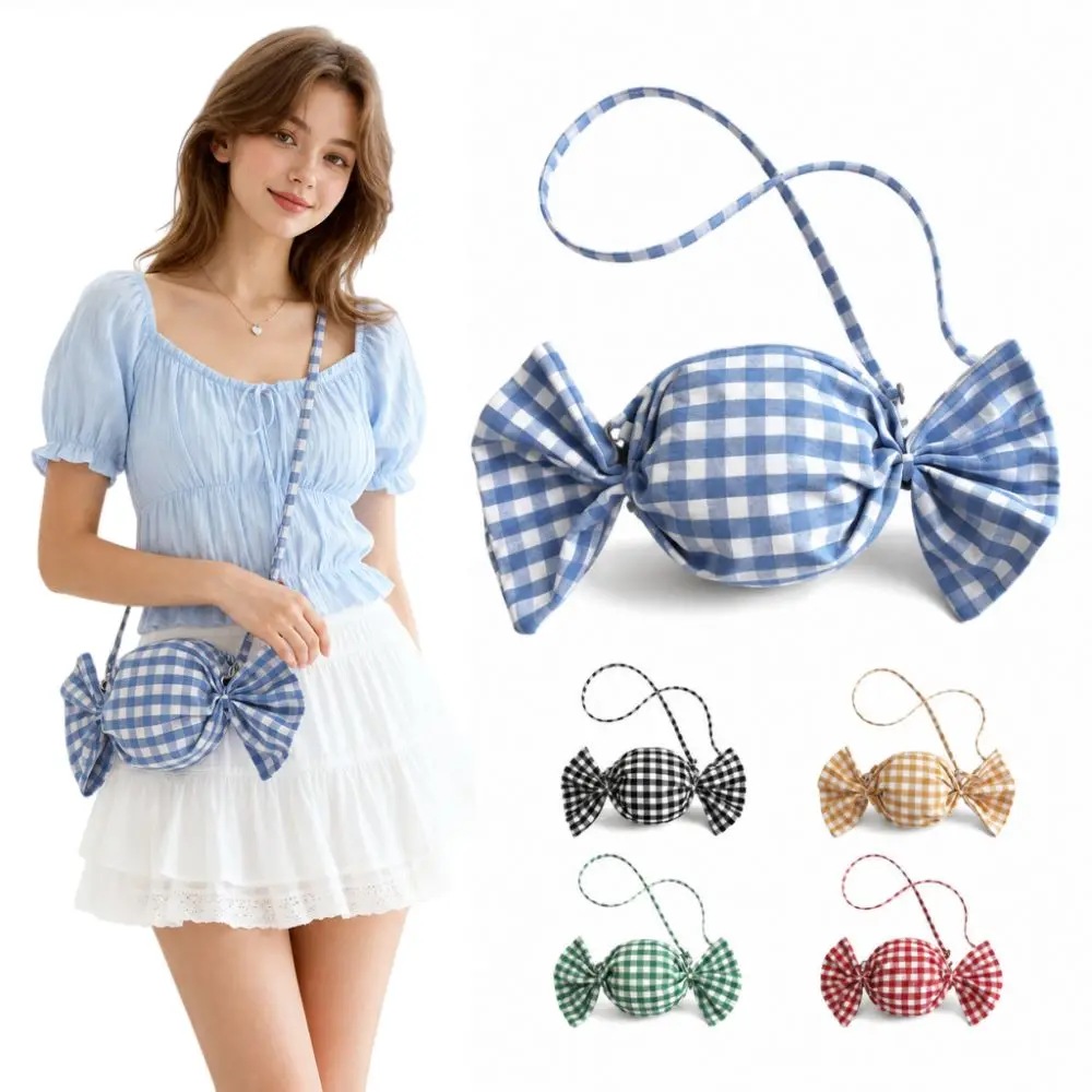 Trendy Candy Shape Women Crossbody Bag Bow Decor Plaid Handbag Mini Sweet Coin Purse Daily Dating Shopping