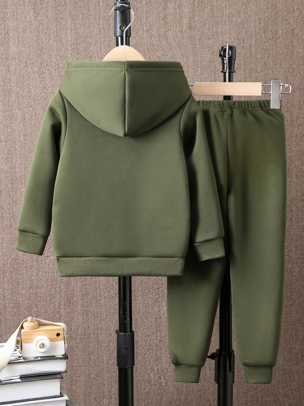 طقم هوديي من الصوف مطبوع عليه دب بسحاب للأطفال حديثي الولادة وسروال عصري غير رسمي (خريف/شتاء)