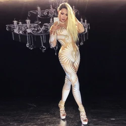 Sexy Pattern Rhinestones Jumpsuit for Women Nightclub White Elastic Tights Crystal Rompers Singer Dancer Bodysuit Outfits