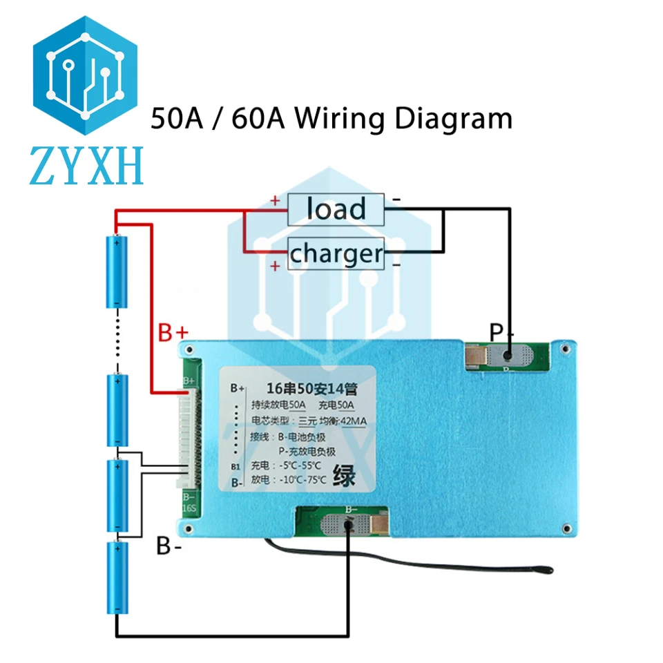 BMS 16S 59.2V 67.2V 50A 60A 100A 120A Li-ion 18650 Battery Charge Board with Balanced NTC Temperature Protection For Escooter