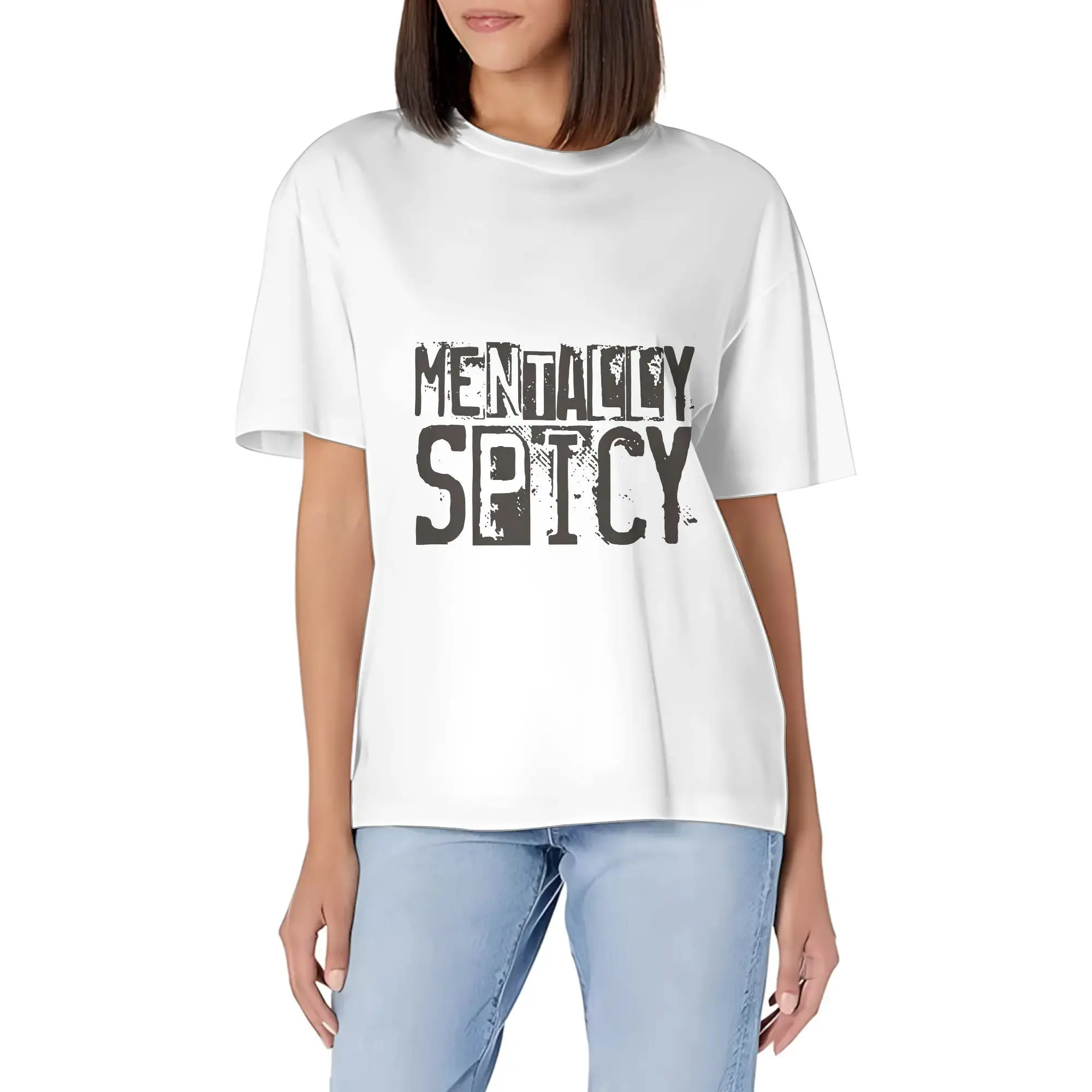 WomenS Mentally Spicy Graphic Casual Short Sleeve Stretchy Polyester Blend, Everyday Crew Neck Glossy Texture Tee Shirt Top