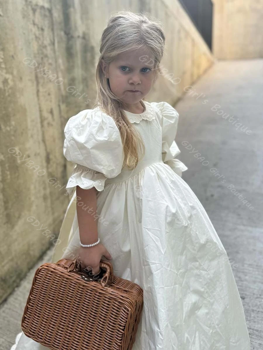 Gaun Komuni Pertama Vintage Lengan Setengah dengan Ruffle Taffeta Gaun Putri Pengiring Pengantin untuk Pernikahan 2-14 Anak Gaun Pesta yang Dapat Disesuaikan