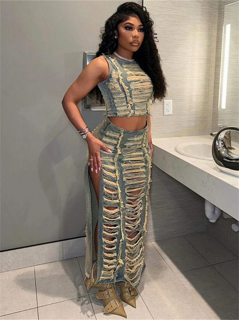 Sexy Hollow Out Ripped Denim 2 Piece Sets Women Outfit Summer Clothes Women Tank Top Skrit Set Fashion Jean Two Piece Dress Sets