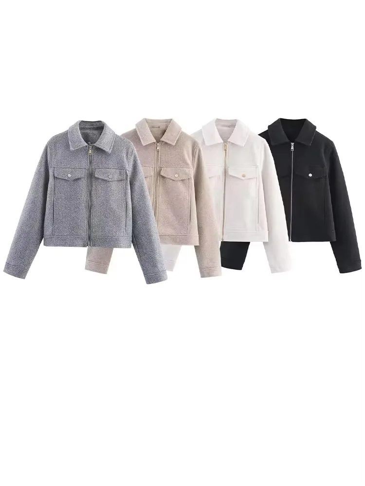 

HH Осенние женские элегантные шикарные однотонные повседневные короткие пальто женские с лацканами и карманами на молнии с длинными рукавами уличные стильные куртки