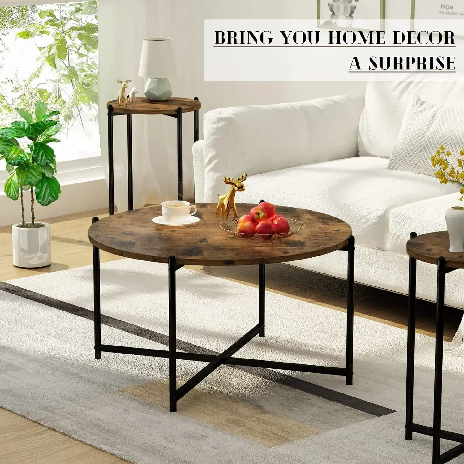 Living Room Coffee Table Set, Rustic Brown Living Room Table Set of 3 Modern Round Center Table with Metal Legs