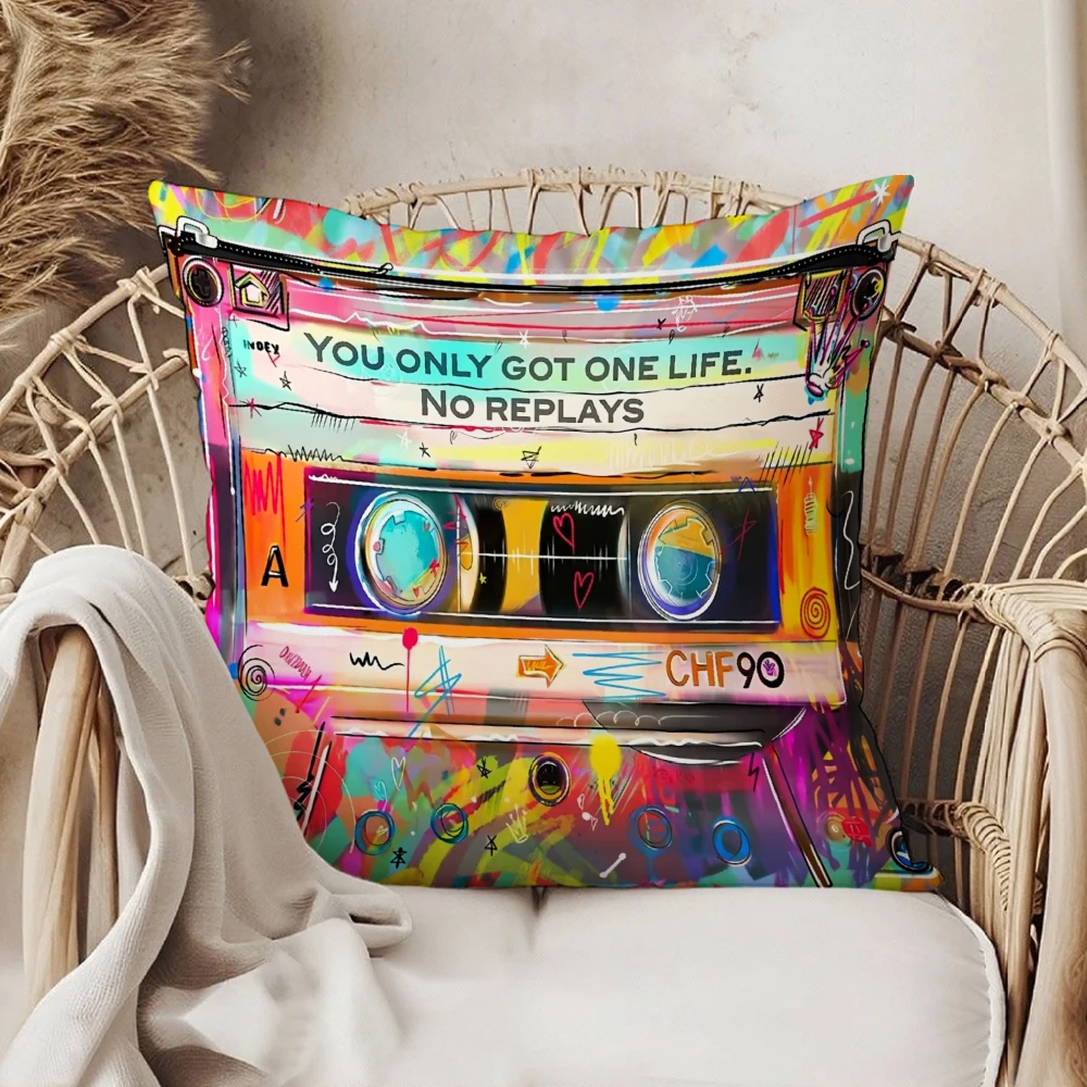 Rectangular Throw Pillow Multicolor Retro Cassette Tape You Only Got One Life No Replays Print For Living Room Sofa Bedroom Deco