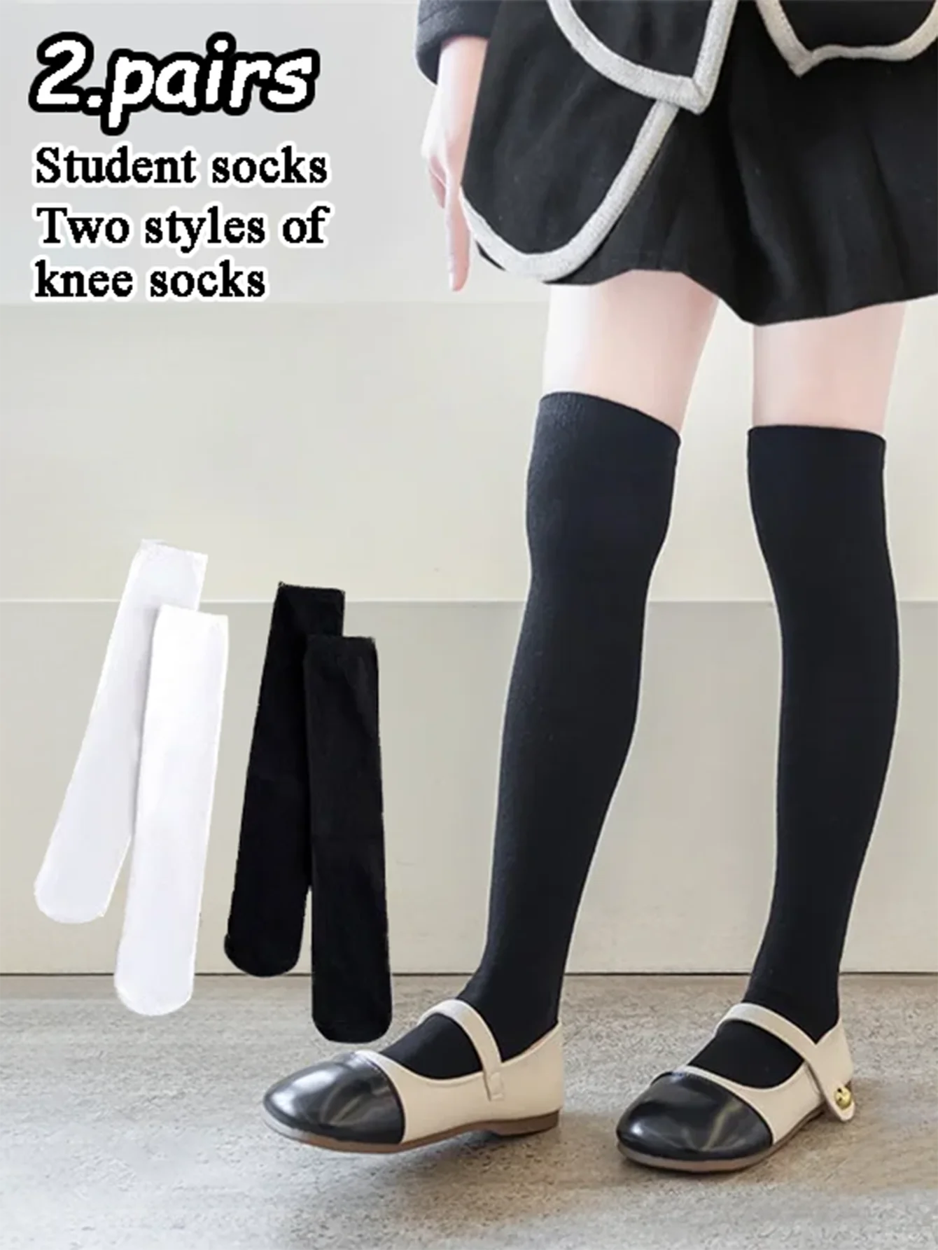 2 Pairs of Girls' Solid Color Lolita Long Stockings Cute Black and White Over-The-Knee Socks Pair with Jk Clothing