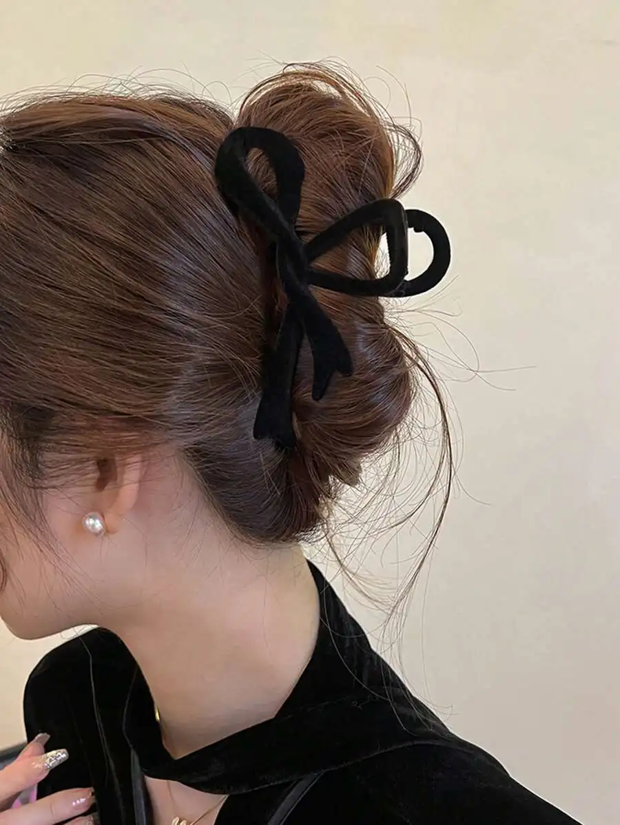 

Black Flocked Bow Hair Claw Clip For Women Elegant Fashion Accessory