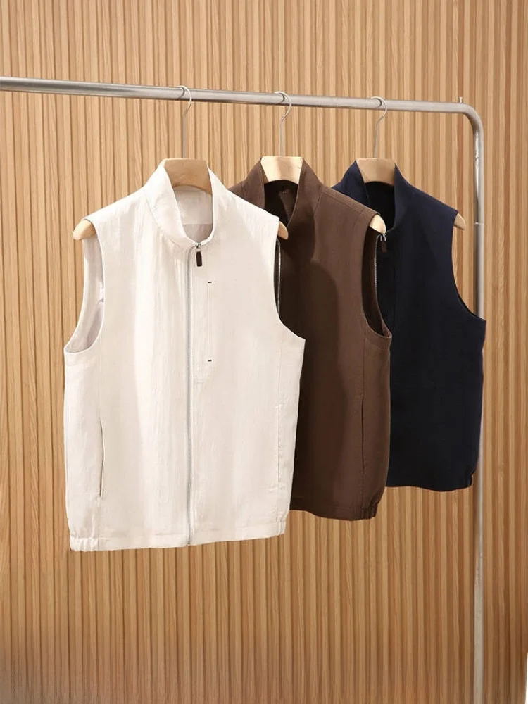

Linen Silk Lightweight Vest Men's Spring Summer Casual Style Skin-friendly Breathable Luxury Tank Top Standard Fit Zipper Clo...