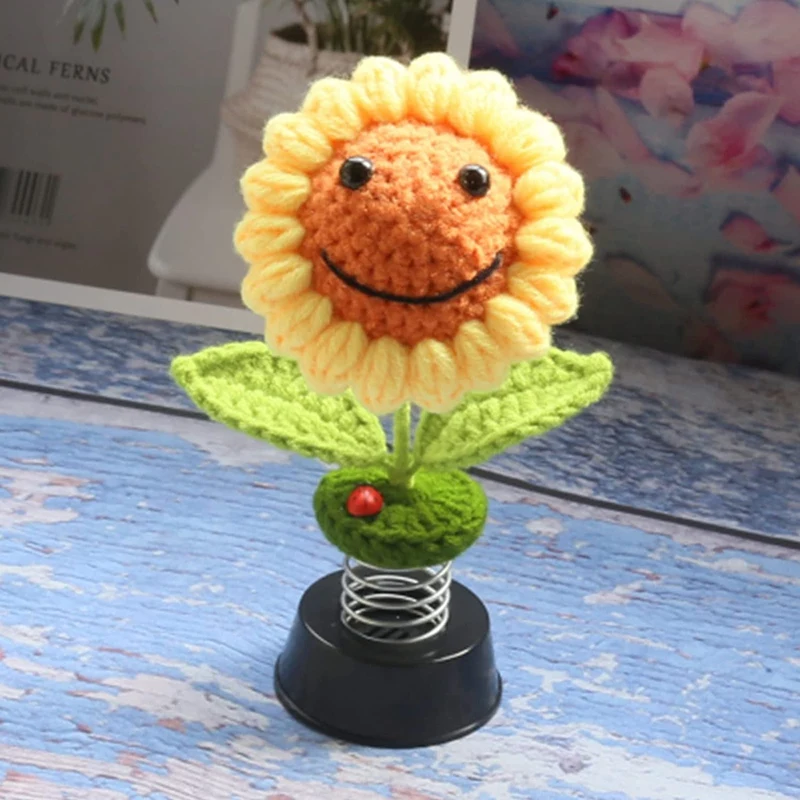 Sunflower Car Dashboard Decorations, Dashboard Bobbleheads Knitted Flowers For Women Car Ornament Accessories