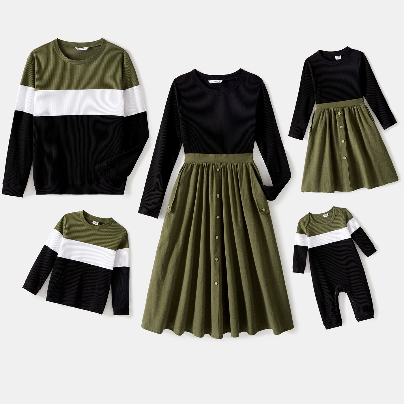 PatPat Family Matching Long-sleeve Button Front Solid Spliced Dresses Colorblock Rib Knit Tops