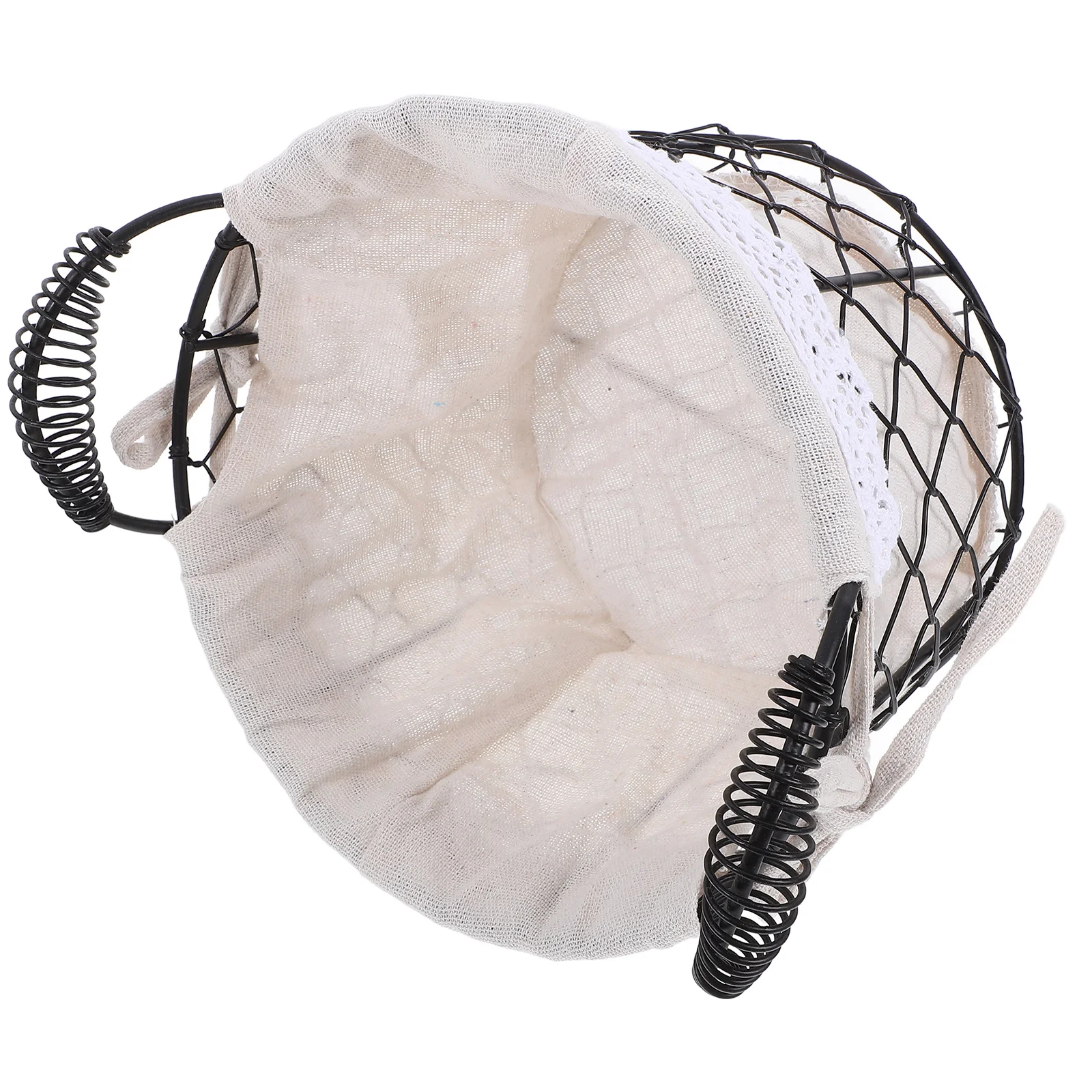 

Iron Wire Storage Basket with Fabric Liner Handle Round Basket for Bread Fruit Candy Table Decor Serving Bread Baskets