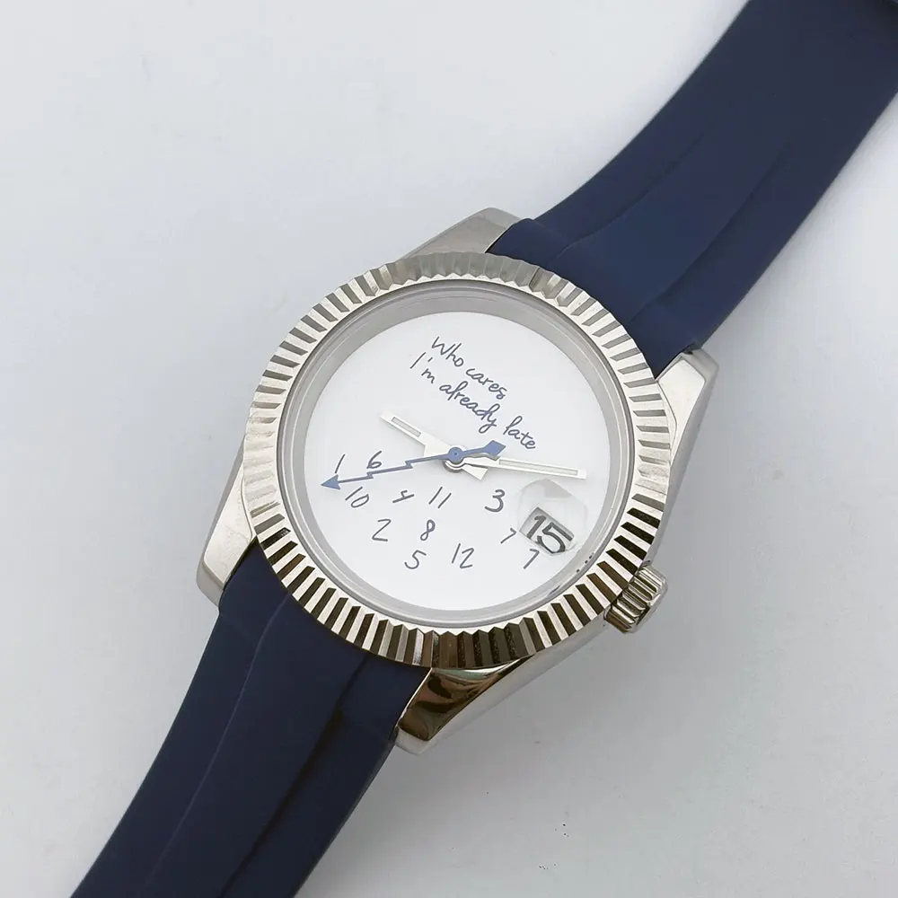 

36mm 39mm "who cares" datejust watch 316L stainless steel sapphire glass rubber strap fit for NH35 movement transparent back