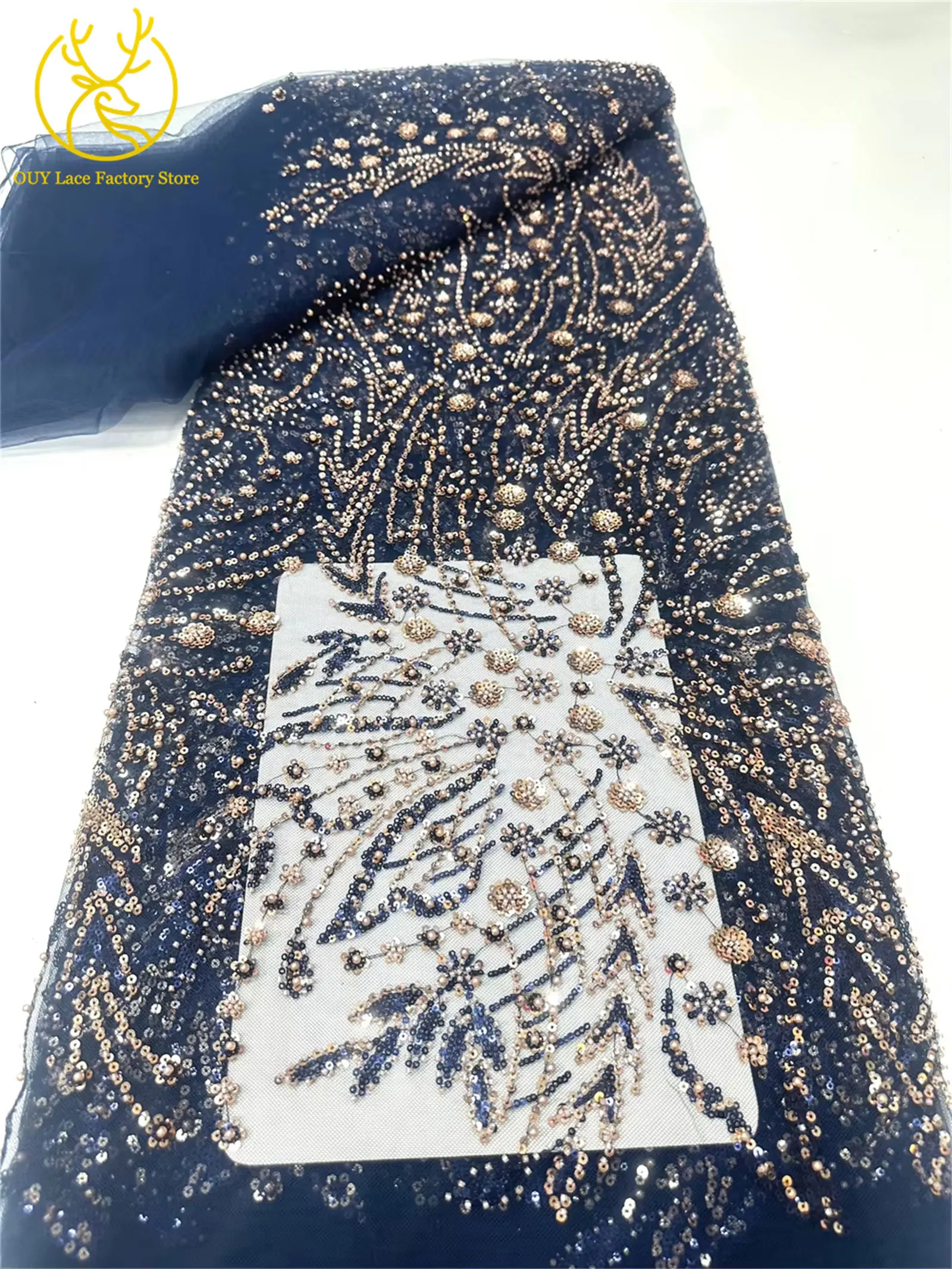 Afrikanischer Spitzenstoff, 5 Yards, hochwertiger nigerianischer Spitzenstoff mit Perlen und Pailletten, französische Tüllspitze zum Nähen von Hochzeits- und Partykleidern – Detail 20