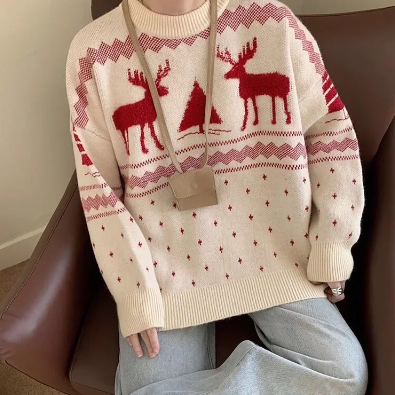 Christmas Red Cute Elk Print Sweater for Women Loose Autumn and Winter Korean Style Pullover Versatile
