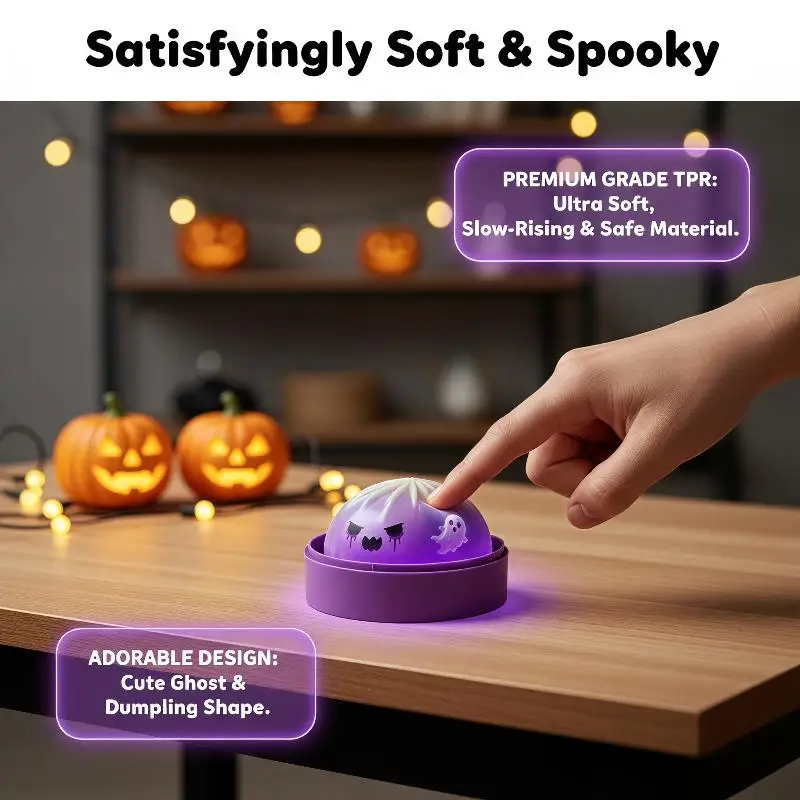 Halloween Dumpling Stress Toy, Cute Ghost Monster Bun Squeeze Fidget Toy with Mini Steamer Box Dumpling Toy Home Office Decor