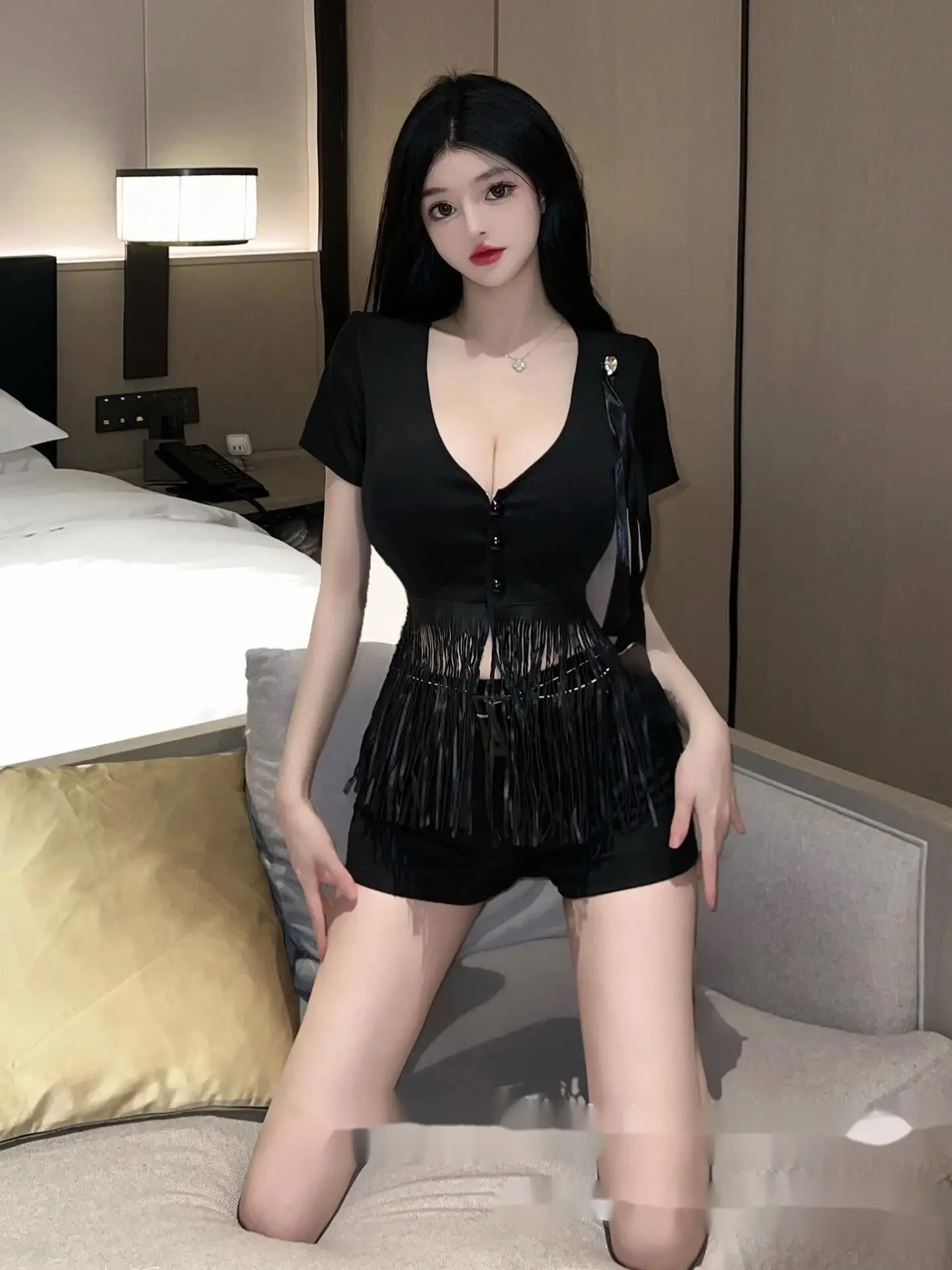 Sexy V-Neck Solid Tassels Tight Fitting Woman Officer Female Flight Attendant Attire Elegant Shorts Set Women Korean Style 61RA