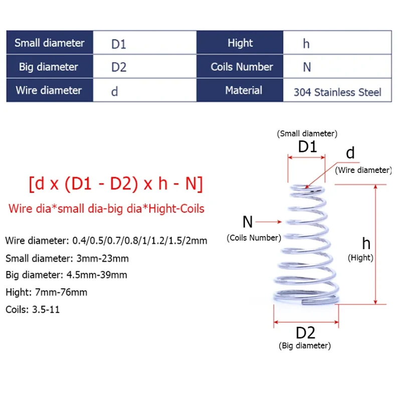 304 SST Tower Springs Conical Cone Compression Spring 304 Stainless Steel Pressure Spring Taper Wire Diameter 0.4 ~ 2mm