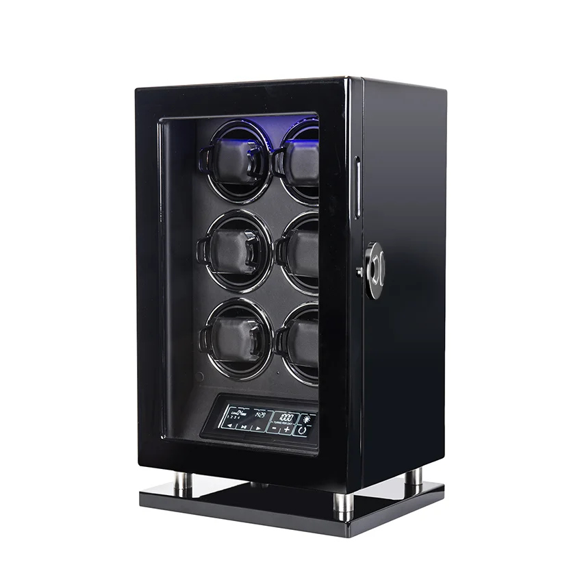 Custom Fingerprint Unlock Wholesale with Blue LED Light Luxury Wooden Black Silent Watch Winder 2 4 6 12 Slots Watch Storage Box