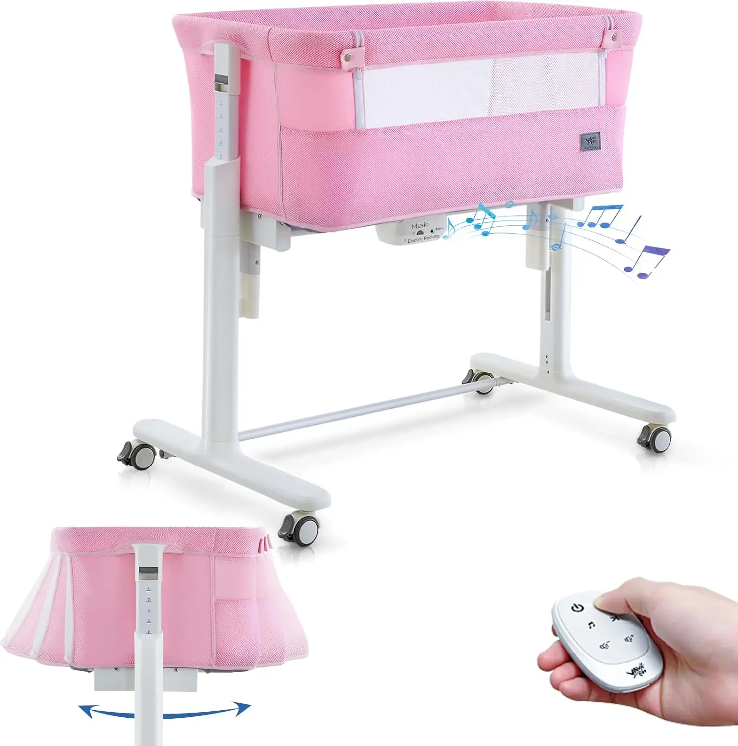 

Rocking Bassinet for Baby Automatic Bedside Bassinet Pink Electric Baby Cradle 5 Heights Adjustable Bedside Sleeper for Infant