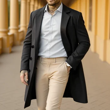 Men's Double-Breasted Wool-Blend Trench Coat 2 Men's Elegant Trench Coat: Double Breasted Wool Blend Long Coat, Warm Windproof Autumn Outerwear, Solid Color Outerwear 2