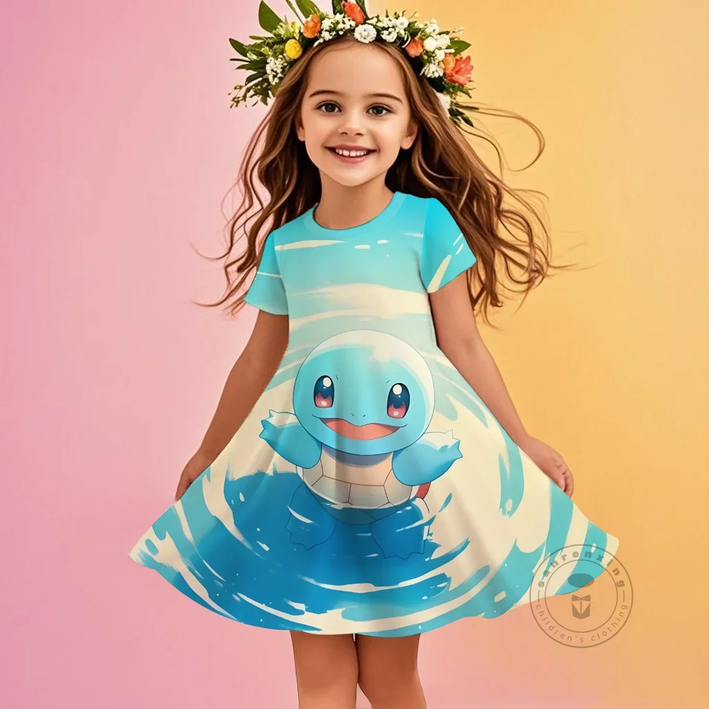 

Платье с 3D принтом Пикачу Покемонов для девочек, с короткими рукавами и круглым вырезом, осенне-летняя кавайная повседневная одежда для детей 3-14 лет, круто