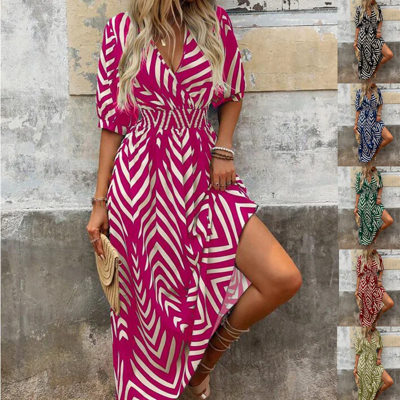 

Women's V Neck Puff Sleeve Midi Dress Geometric Chevron Print Smocked Waist Split Hem Casual Beach Vacation Dress
