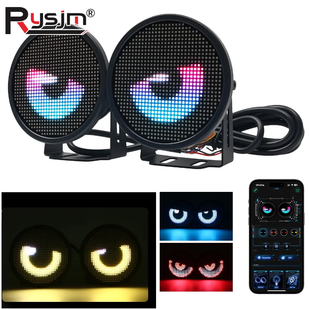 

2 шт. динамический светодиодный комплект «Дьявольский глаз» с управлением через приложение, светодиодный экран, противотуманные фары, сделай сам, анимационный узор, текстовые фары дальнего света, автомобильные фары