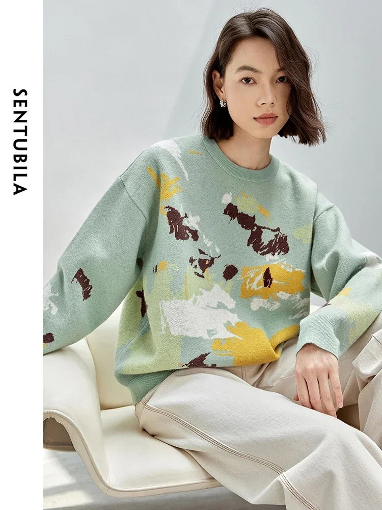 SENTUBILA Women Comfort Knitted Sweaters Pullovers 2024 Winter Casual Loose Drop Sleeve Art Jacquard O Neck Jumpers W43E56593