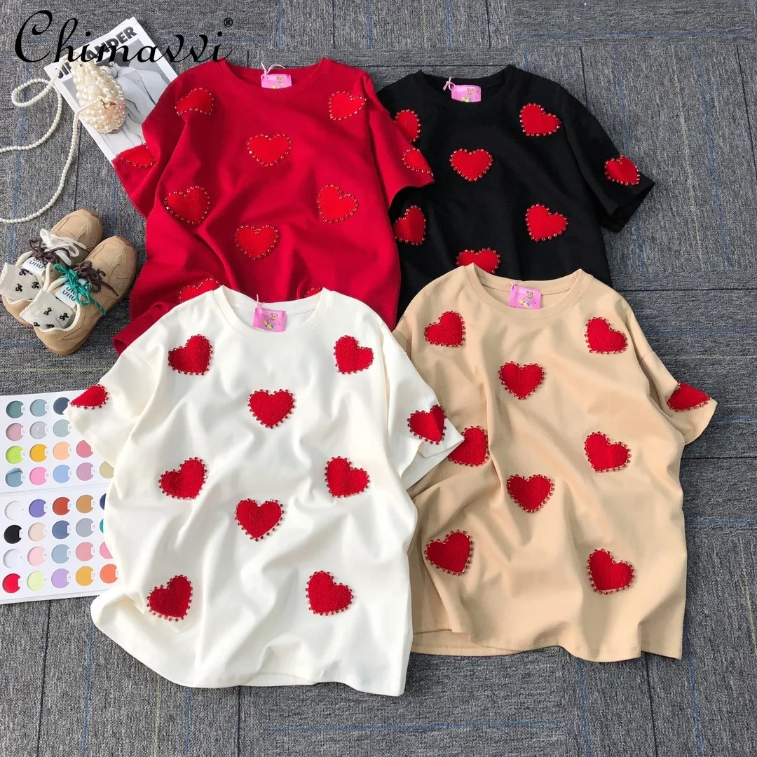 2025 Spring New Sweet Fashion Love Diamond Towel Embroidered T-shirt Top Kawaii Round Neck Short Sleeve Pullover Tshirts Women