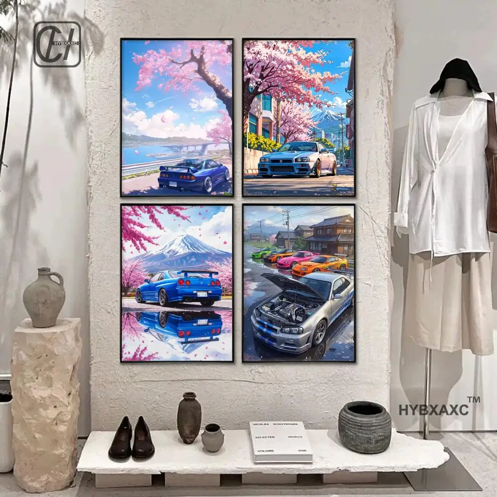 Anime Supercar Poster Japanese Wall Art Retro 90s Street Racing Car Canvas Painting Japan Sakura & Mount Fuji Landscape Print De