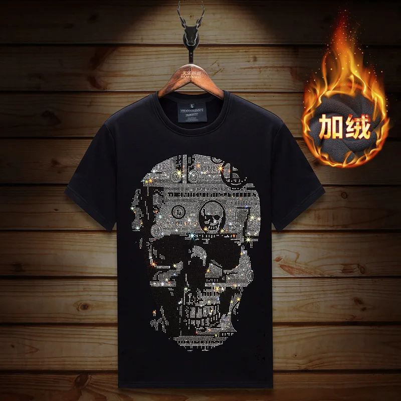 

Plus Size Skulls Rhinestones T Shirts Men Streetwear Winter Thick Heat Velvet Tops Short Sleeve O Neck Slim T-shirts Man Camisas