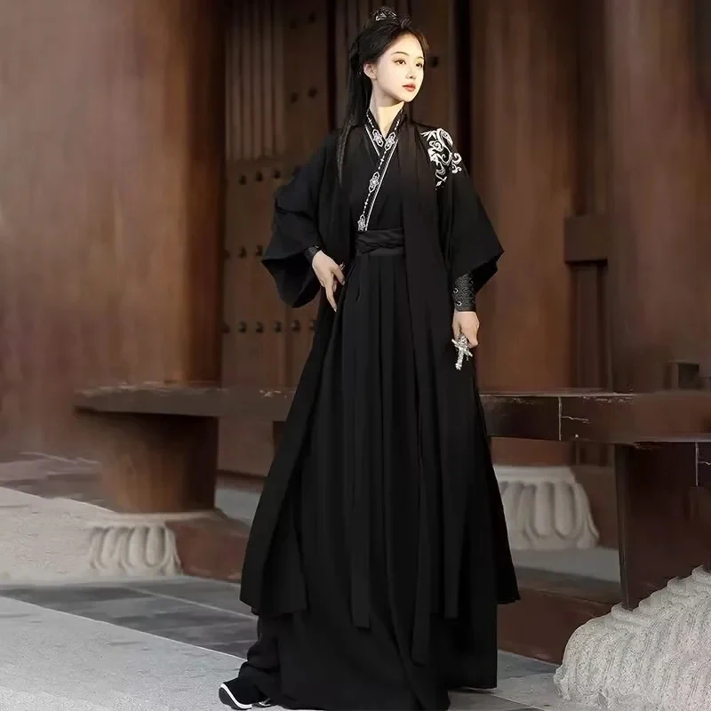 Disfraz Tradicional Chino Hanfu para Mujer y Hombre, Otoño, Color Negro, Camisa+Falda+Codera+Cinturón, Hanfu6,b'8j'7/