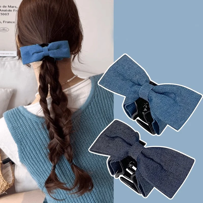 Sweet Cool Y2k Denim Fabric Shark Clips For Women Girls Korean Style Bowknot Ponytail Hair Claw Hair Accessories