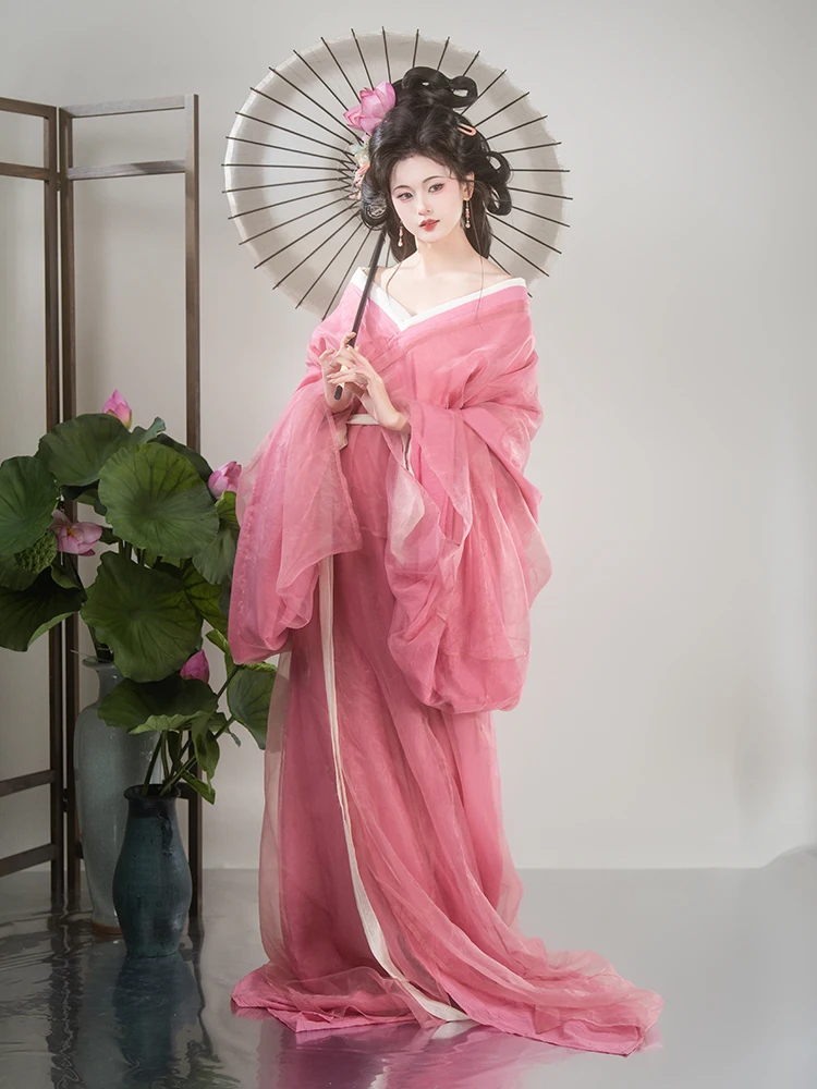 

Летний наряд Ханьфу «Лотос» в стиле династии Сянь, розово-золотой, из шелка, двухслойный, для весны, осени и зимы, в сказочном стиле.